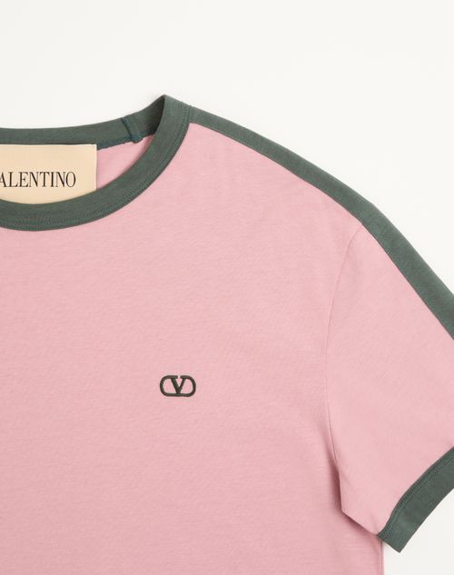 Valentino - Valentino Cotton T-shirt With Crew Neck, Contrasting Side Bands And Vlogo Embroidery - Pink/green - Man - T-shirts And Sweatshirts