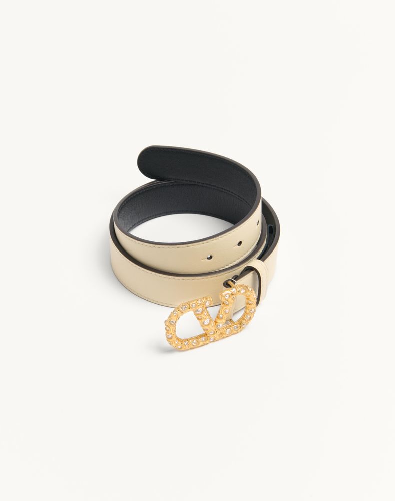 Valentino Garavani Vlogo Signature Belt In Shiny Calfskin With Crystals 30 Mm Woman Butter/Crystal 085