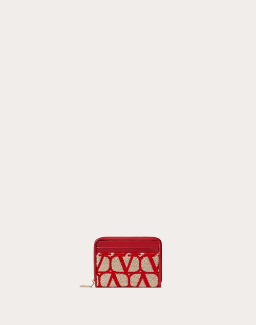Valentino Garavani - Porte-cartes Zippé En Toile Iconographe - Beige/rouge - Femme - Portefeuilles Et Petite Maroquinerie