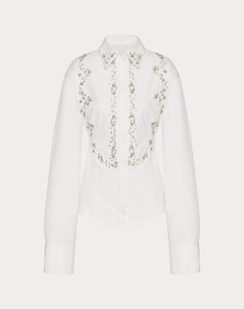Valentino - Camisa Bordada De Compact Popeline - Blanco/silver - Mujer - Camisas Y Tops