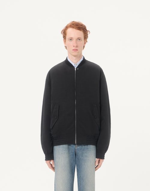 Valentino - Valentino Bomber Jacket In Viscose And Cotton Cannetté With Metallic V Detail - Black - Man - Outerwear