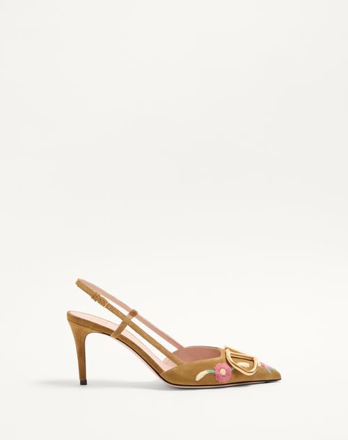 Valentino Garavani - Vlogo Signature Slingback Pump In Crust Leather With Floral Embroidery 80mm - Havana Beige - Woman - Pumps