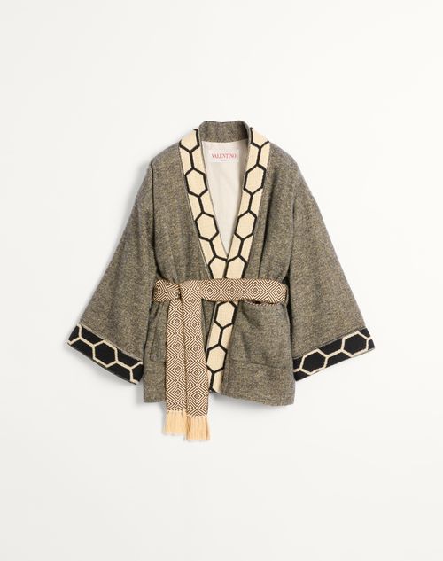 Valentino - Wool Blend Robe Jacket With Jacquard Trim And Belt - Brown/ochre/moss Green - Man - Coats And Blazers
