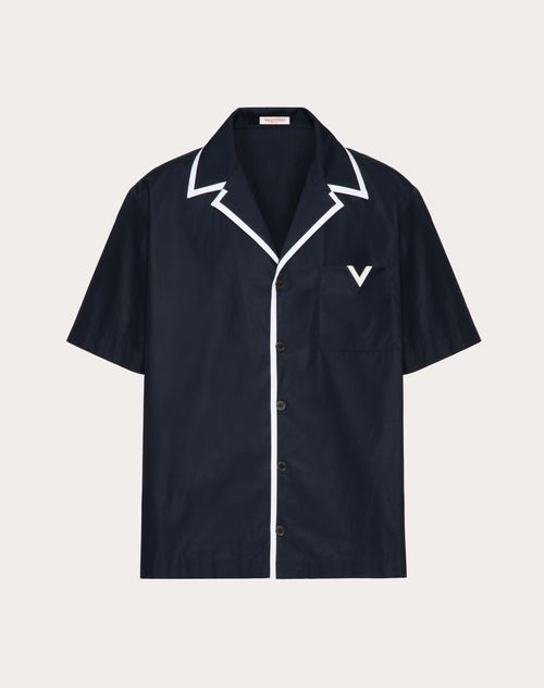 Valentino - Cotton Poplin Bowling Shirt With Rubberised V Detail - Navy - Man - Shelf - Mrtw - Casual Attitude