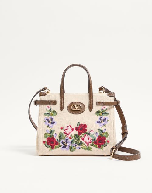 Valentino Garavani - Valentino Garavani Antibes Small Embroidered Linen Shopping Bag - Ecru/multicolour - Woman - Totes