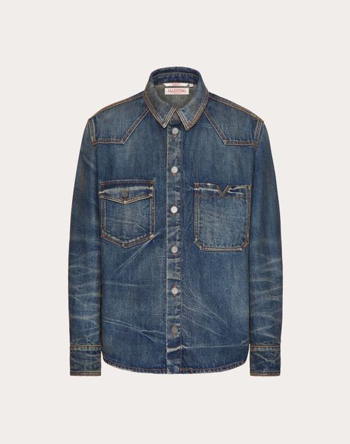 Valentino - Chemise En Denim Avec Élément V Métallisé - Denim - Homme - Shelf - Mrtw - Pre Ss24 Vdetail+denim Toile Iconographe