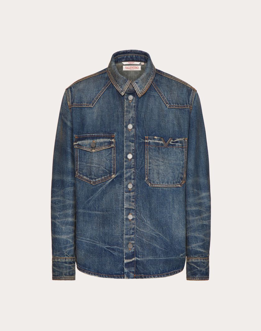 Valentino Handbags Camicia In Denim Con V Detail Metallica per Uomo in Denim | Valentino IT