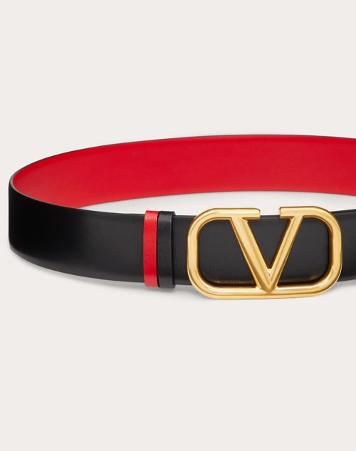Valentino Garavani - Reversible Vlogo Signature Belt In Glossy Calfskin 40 Mm - Black/pure Red - Woman - Belts