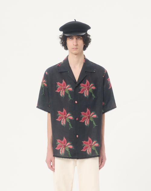 Valentino - Valentino Bowlinghemd Aus Leinen Mit Papier Floral-print - Schwarz/ Rot - Mann - Hemden