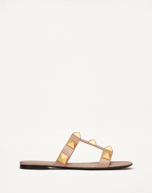 Valentino Garavani - Flat Roman Stud Calfskin Slide Sandal - Rose Cannelle - Woman - Slides And Thongs
