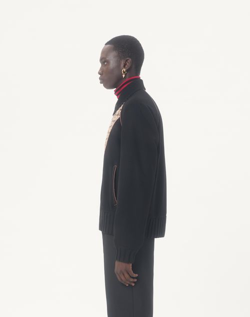 Valentino - Valentino Bomber Jacket In Wool And Cashmere Drap With V Inlaid With Toute La V Jacquard Pattern - Black - Man - Outerwear
