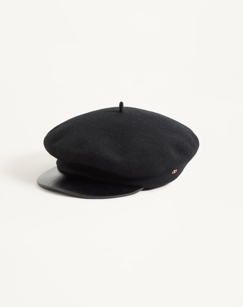 Valentino Garavani - Valentino Garavani Vlogo Signature Wool Beanie With Leather Visor - Black/gold - Woman - Hats And Gloves