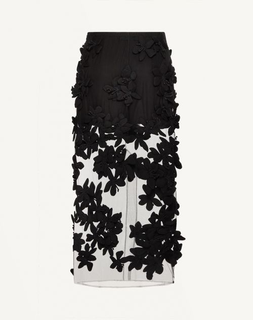 Valentino - Gonna Midi In Tulle Illusione Ricamata - Nero - Donna - Gonne