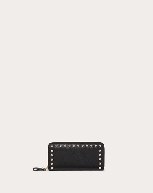 Rockstud Grainy Calfskin Zippered Wallet for Woman in Black