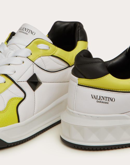 One Stud Low-top Nappa Sneaker for Man in White/lime/black One Stud Low-top Nappa Sneaker for Man in White/lime/black