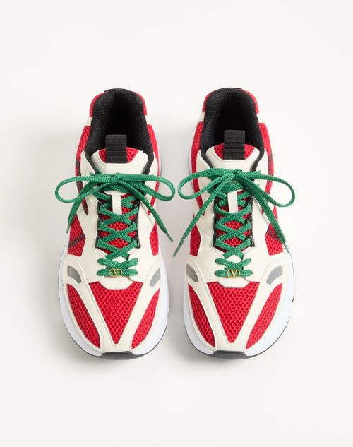 Valentino Garavani - Baskets Demivee En Tissu Ajouré Avec Empiècements En Daim - Blanc/rouge - Homme - Baskets