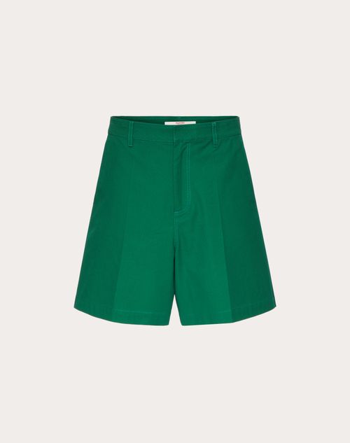 Valentino - Bermuda En Toile De Coton Extensible Avec Élément En V Caoutchouté - Basil Green - Homme - Shorts Et Pantalons