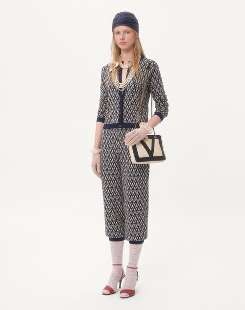 Valentino - Pantalón De Lana Con Jacquard Toute La V - Crema/azul Marino - Mujer - Pantalones Largos Y Cortos