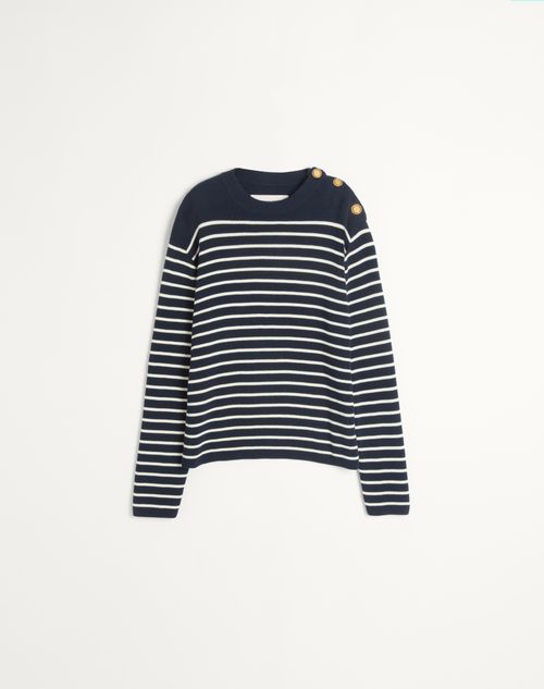 Valentino - Striped Cotton Crewneck Jumper With Buttons On The Shoulder - Indigo/butter - Man - Knitwear