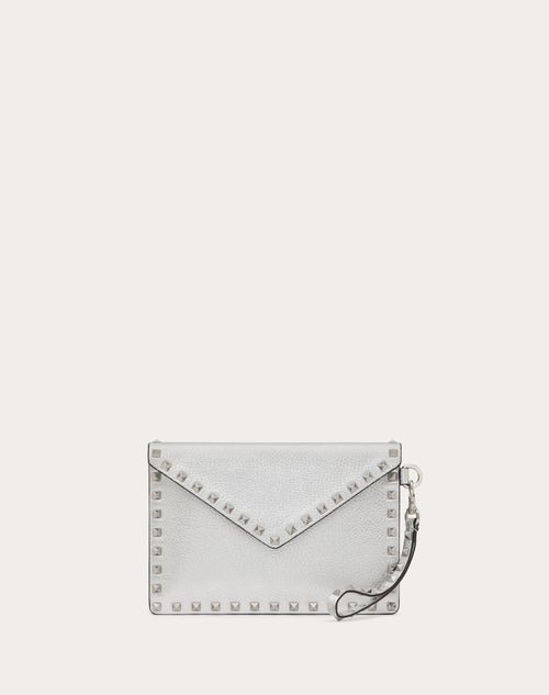 Valentino Garavani - Rockstud Metallic Grainy Calfskin Clutch Bag - Silver - Woman - Small Treats