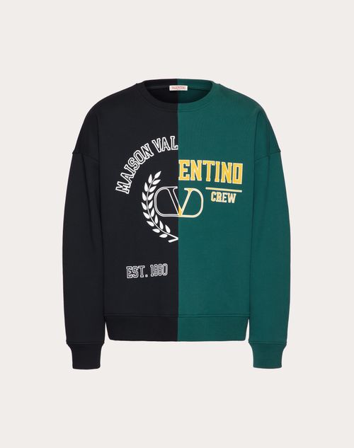 Cotton Crewneck Sweatshirt With Maison Valentino And Valentino V Crew Print  for Man in Black/college Green | Valentino SE