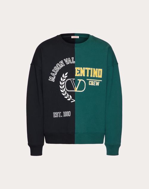 Valentino - Cotton Crewneck Sweatshirt With Maison Valentino And Valentino V Crew Print - Black/college Green - Man - Tshirts And Sweatshirts