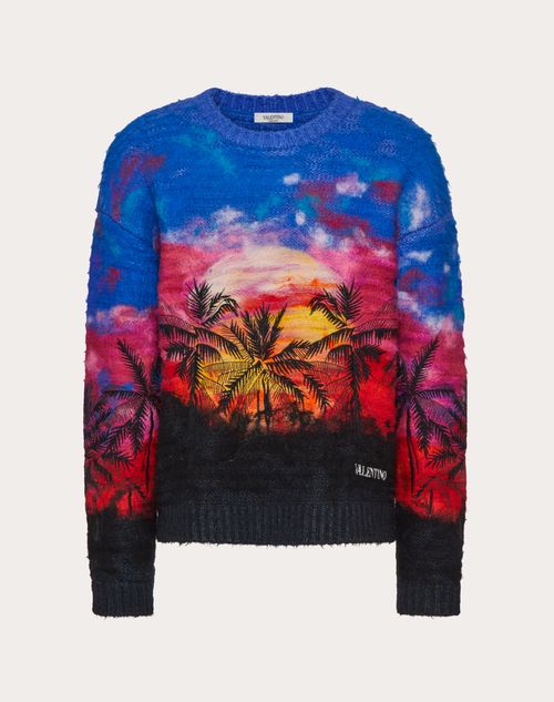 Valentino - Crewneck Sweater With Palmscape Embroidery - Blue/multicolor - Man - Man Ready To Wear Sale
