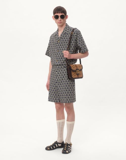 Valentino - Cotton Popeline Bermuda Shorts With Toute La V Print - Navy/cream - Man - Pants And Shorts