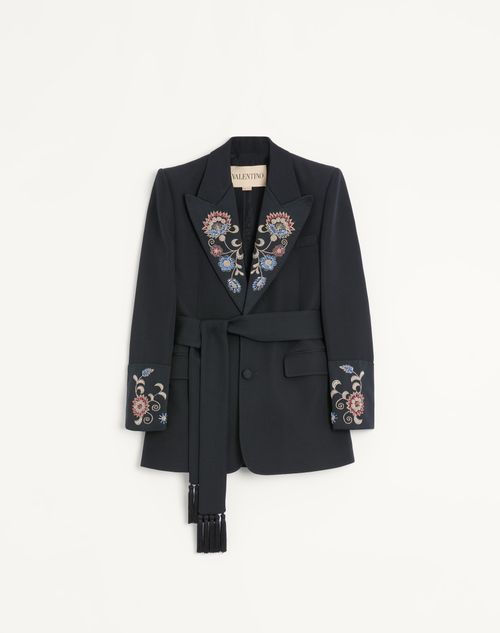 Valentino - Valentino Embroidered Belted Jacket In Grain De Poudre Wool - Black - Man - Coats And Blazers