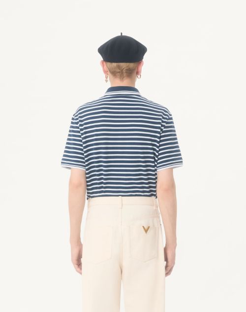 Valentino - 발렌티노 브이로고 패치 코튼 피케 폴로 - 화이트/블루 - 남성 - 티셔츠 & 스웻셔츠
