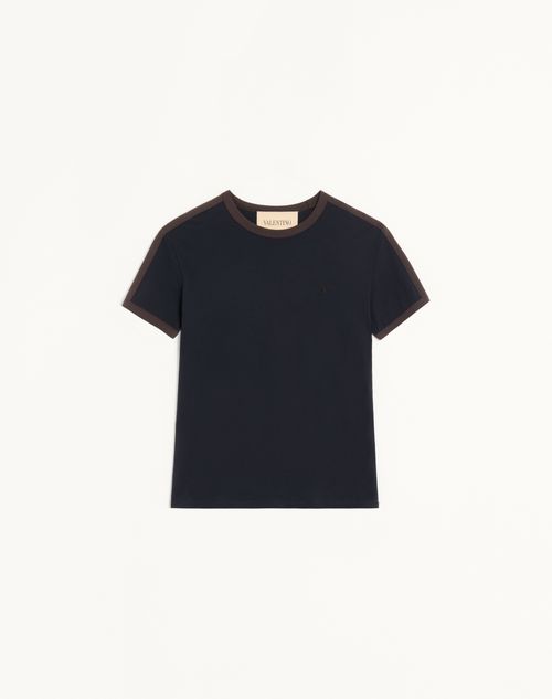 Valentino - Valentino Cotton T-shirt With Crew Neck, Contrasting Side Bands And Vlogo Embroidery - Navy/brown - Man - T-shirts And Sweatshirts