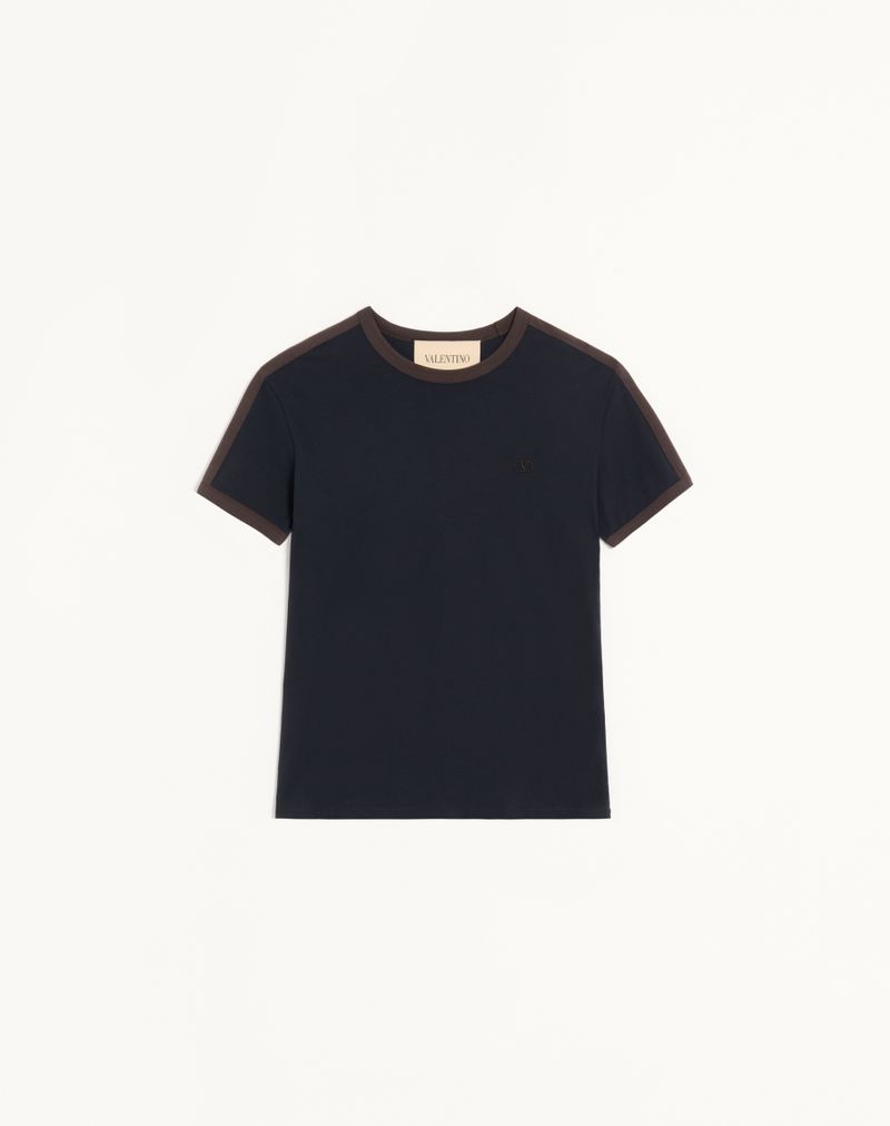 VALENTINO コントラストサイドバンド Vロゴエンブロイダリー コットン クルーネックTシャツ