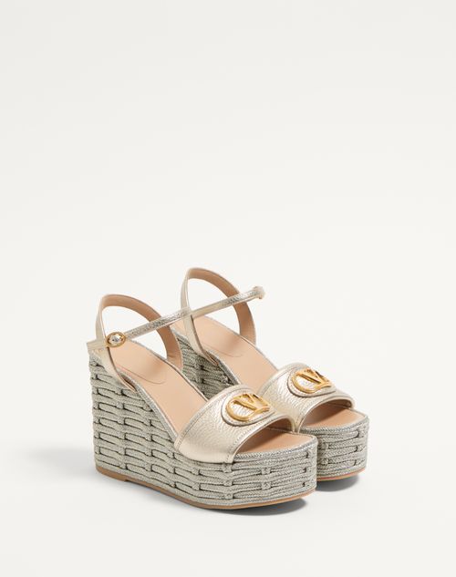 Valentino Garavani - VLOGO SIGNATURE WEDGE SANDAL IN LAMINATED GRAINY CALFSKIN 120MM - Platinum - Woman - Espadrilles And Wedges