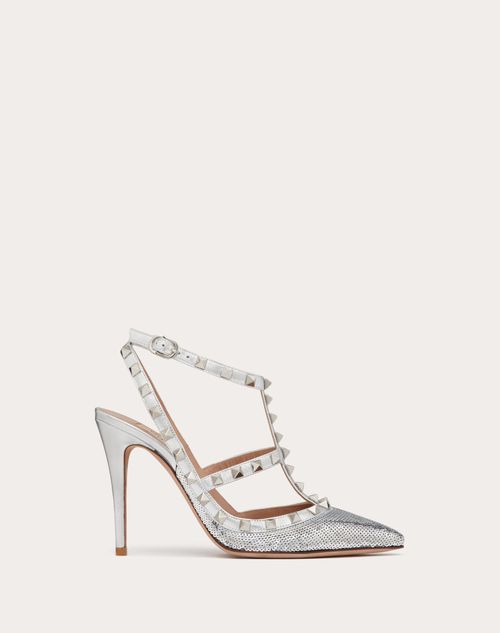 Valentino Garavani - Rockstud Pump With Sequin Embroidery And Straps 100mm - Silver - Woman - Pumps