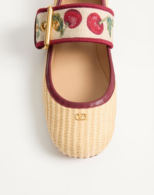Valentino Garavani - Mary-jane Bribri Raffia Ballerina With Cherryfic Embroidery - Beige - Woman - Ballerinas