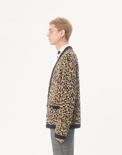 Valentino - Valentino Wool Cardigan With Fauve Eclat Animal Print Jacquard - Animal Print - Man - Knitwear