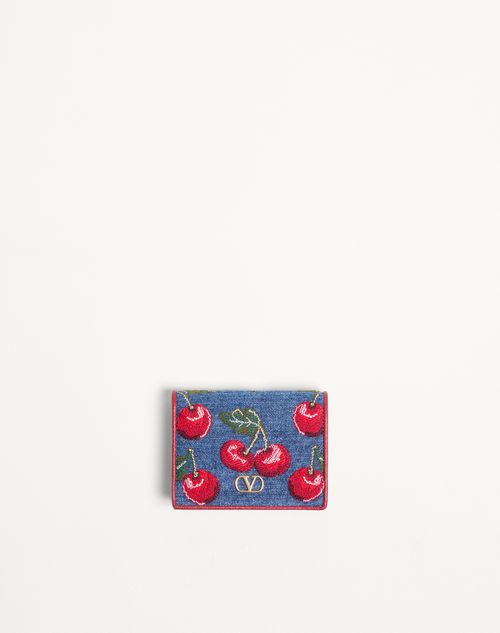 Valentino Garavani - Vlogo Signature Denim Wallet With Cherryfic Embroidery - Denim/multicolour - Woman - Wallets And Small Leather Goods