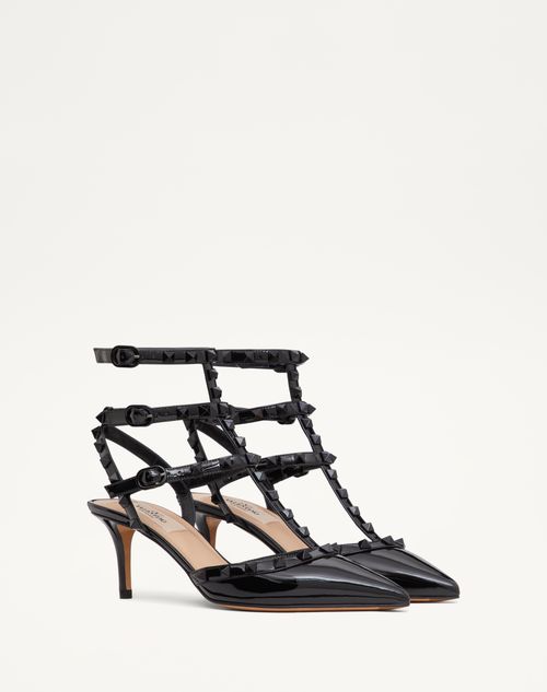 Valentino Garavani - Escarpins Vernis Rockstud Avec Brides Et Clous Assortis, Talon : 65 mm - Noir - Femme - Escarpins