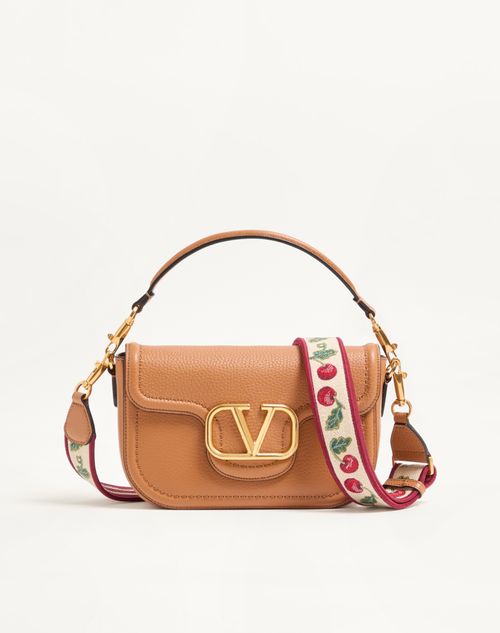 Valentino Garavani - Valentino Garavani Alltime Shoulder Bag In Grainy Calfskin With Cherryfic Embroidered Ribbon Shoulder Strap - Almond - Woman - Shoulder Bags