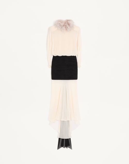 Valentino - Long Dress In Light Georgette With Feathers - Vanilla/black - Woman - Gowns
