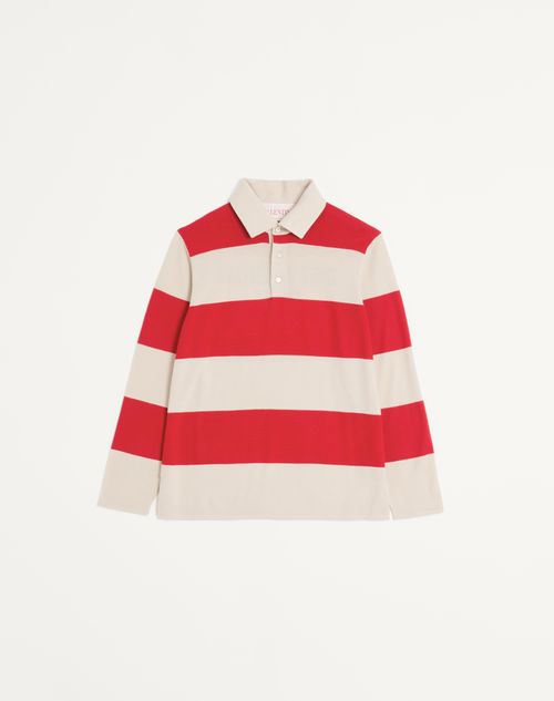 Valentino - Langarm-poloshirt Aus Gestreifter Wolle Mit Chez Valentino Print
 - Butter/rot - Mann - Strickwaren