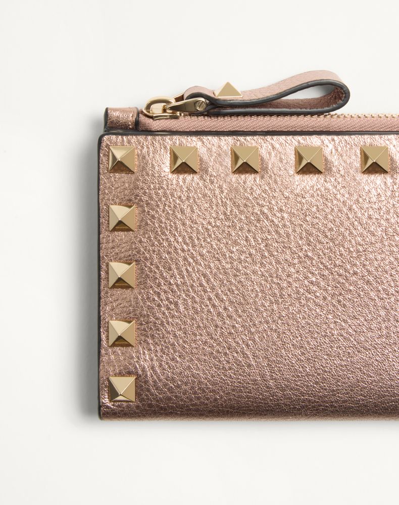 Valentino Garavani Rockstud Laminated Grainy Calfskin Card Holder With Zip Woman Rose Cannelle Uni