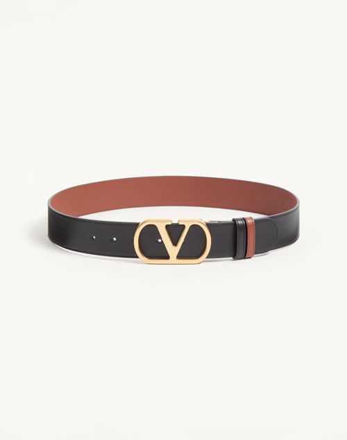 Valentino Garavani - Reversible Vlogo Signature Belt In Glossy Calfskin 40 Mm - Black/deep Caramel - Woman - Belts