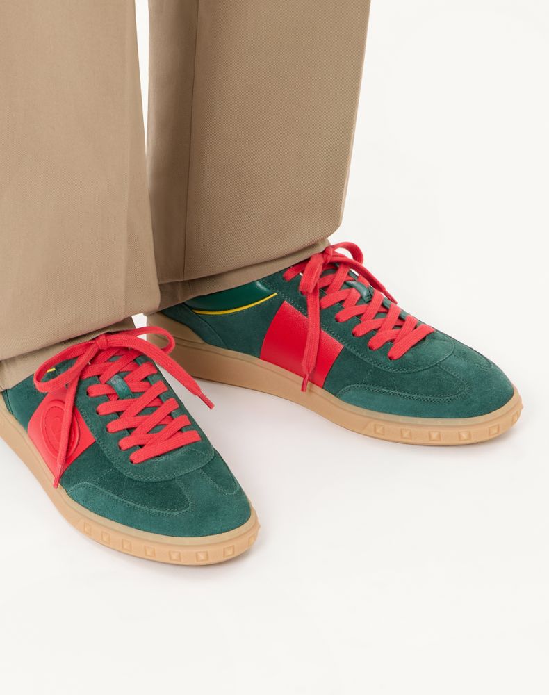 Valentino Garavani Upvillage Low Top Trainer In Split Leather And Calfskin Nappa Leather Man Green/Red 44.5