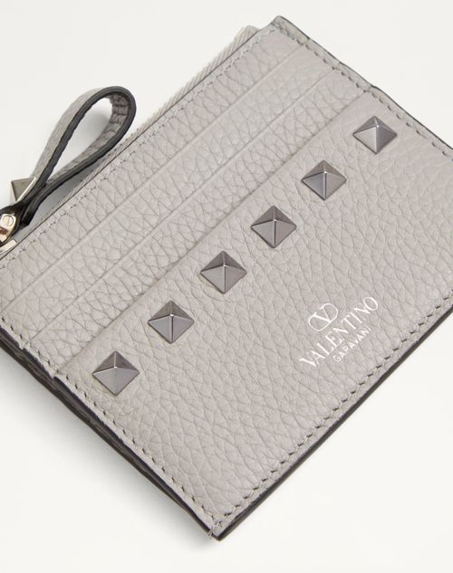 Valentino Garavani - Rockstud Grainy Calfskin Cardholder With Zipper - Grey - Woman - Wallets And Small Leather Goods