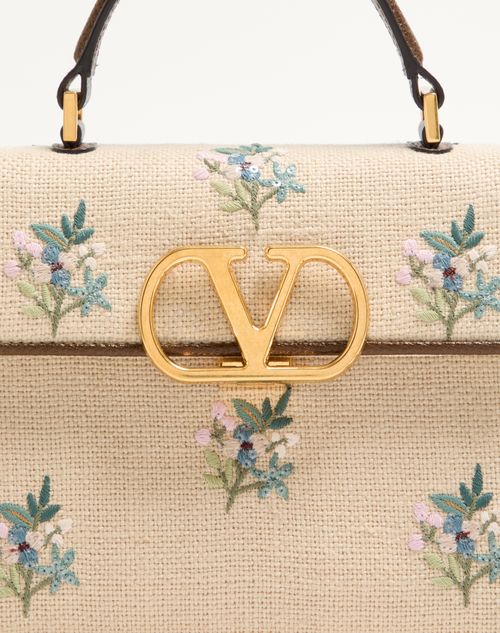 Valentino Garavani - Valentino Garavani Vsling Small Handbag In Linen With Embroidery - Natural/multicolour - Woman - Top Handle Bags