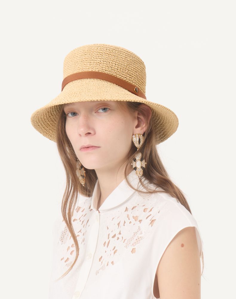 Valentino Garavani Vlogo Signature Foldable Straw Bucket Hat Woman Natural/Saddle Brown 58
