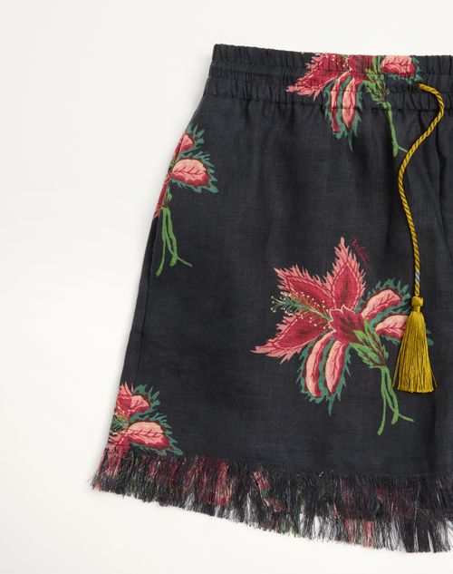 Valentino - Shorts De Lino Papier Floral - Negro/varios Colores - Mujer - Pantalones Largos Y Cortos
