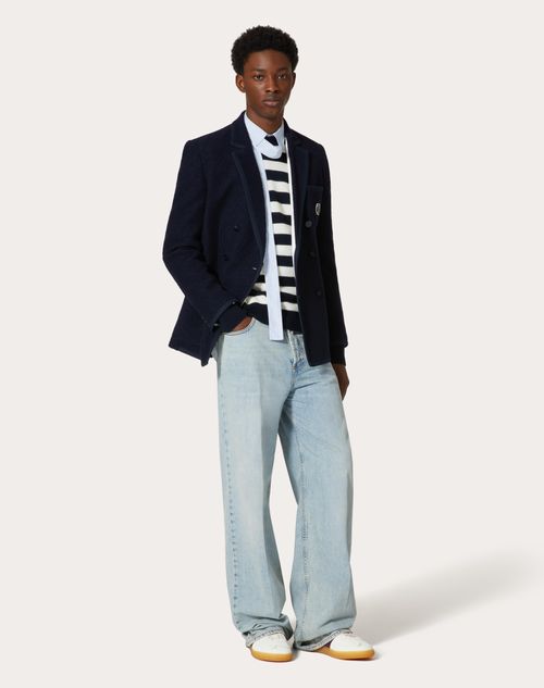 Valentino - Pull Ras-du-cou En Laine Et Coton - Ivoire/bleu Navy - Homme - Shelf - Mrtw - Pre Ss24 Vdetail+denim Toile Iconographe