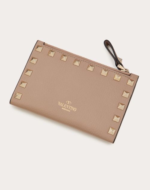 Rockstud Grainy Cardholder With Zipper for Woman Black | Valentino US